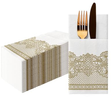 PAW Serviettes en Papier Airlaid. 40 x 40cm. Pliable 1/8 -25 pièces HoReCa. décoration de table. Ornements, or - texture du tissu . La décoration de table parfaite pour les grandes occasions.