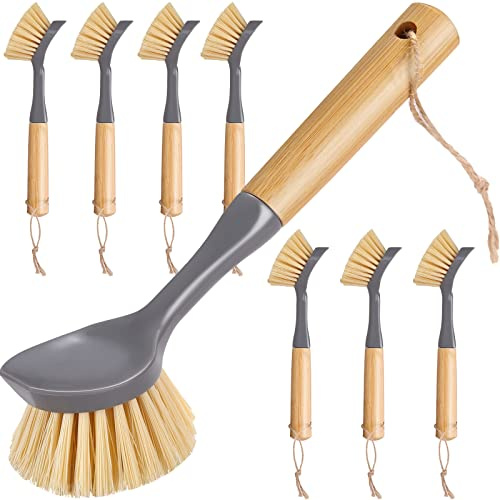 Mimorou 8 Pieces Kitchen Dish Brush with Bamboo Handle Scrub Brush Built in Scraper Dish Scrubber for Pans, Kitchen Sink Cleaning, Dishwashing