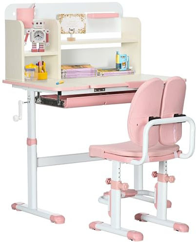 HOMCOM Banco Scuola con Sedia per Bambini 3-12 Anni Altezza Regolabile, Scrivania per Bambini con Piano Inclinabile e Cuscini Imbottiti, Acciaio e MDF, Rosa