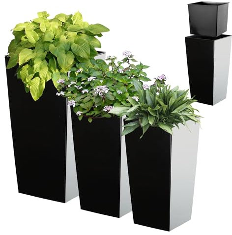 KADAX 3er Set Pflanzkübel mit Innentopf 46,5/57,5/68 cm Höhe, Schwarz Glatt – wetterfeste & robuste Blumenkübel aus Kunststoff, Blumentöpfe für Innen- & Außenbereich