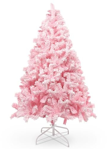 150 cm/5 ft Árbol de Navidad Rosa con Decoración Flocada con Copos de Nieve, 600 Hojas de Pino Puntiagudas de PVC y Base Estable, Árbol de Navidad Artificial para Decoración Navideña