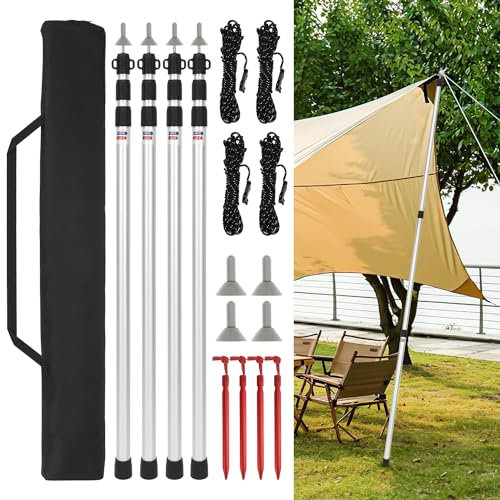 Fiqops Zeltstangen, Zeltstangen Teleskop für Camping,Zeltstangen Alu Verstellbares von 87.5cm bis 234.5cm,Zeltstange mit 3 Segmenten,Teleskopstange für Zelte Tarp Silber,mit Aufbewahrungstasche