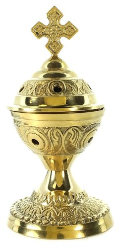 Brucia incenso in ottone con croce e manico di 13 cm, incenso religioso, culto cristiano in ottone
