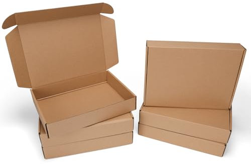 HORLIMER 6 Stück Versandkarton Flache Karton Box, 280x203x50 mm Mailer Boxen, Verpackungskartons aus Wellpappe für Warensendung, Geschenkbox, Faltkarton, Postkarton(Braun)
