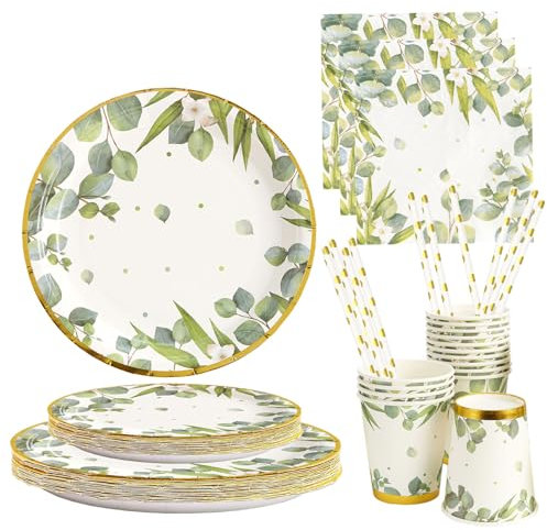 pappteller eukalyptus deko,ASSUGO geburtstagsdeko grün pappteller 100 stück, einwegteller palmblatt mit servietten eukalyptus Teller Becher Strohhalme, partygeschirr für hochzeit geburtstag deko