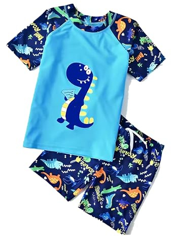NautySaurs Boys Swimming Costume Kids Two Piece Swimsuit Chidren Rash Guard T-Shirt Swim Shorts Set Dinosaur Swimwear, Blue, 2-3 Years