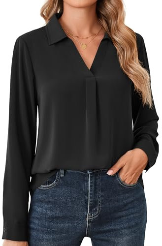 Beluring Langarmshirts für Damen Elegant Shirts V-Ausschnitt Hemdbluse Lose Blusenshirt Schwarz XXL