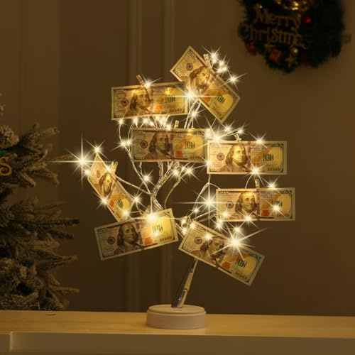 Money Tree Gift Card Holder 108 LEDs Lighted Fairy Light Spirit Trees Battery/USB Powered Light Up Display Tree with 22 Clear Clips for Photo, Cash,Card, Memo,Home Decor