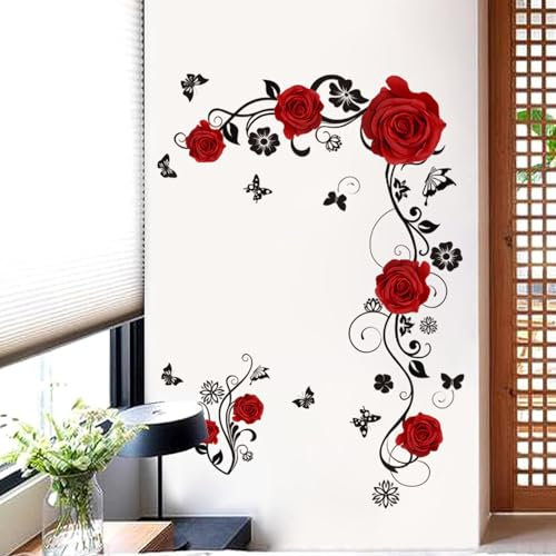 Stickers Muraux Fleurs des Rose Rouges Sticker Fleurs Romantique, beaux autocollants muraux Rose et Papillons, Autocollant Mural Plantes Grande Deco pour Chambre Fille Salon Sofa