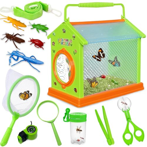Kulveanju Kit Explorador Niños, 12 Piezas Aire Libre Aventura Juguetes, Kit Caza Insectos con Caja de Insectos, 5 Insectos, Lupa, Red de Mariposas, Juguetes Cumpleaños Niños