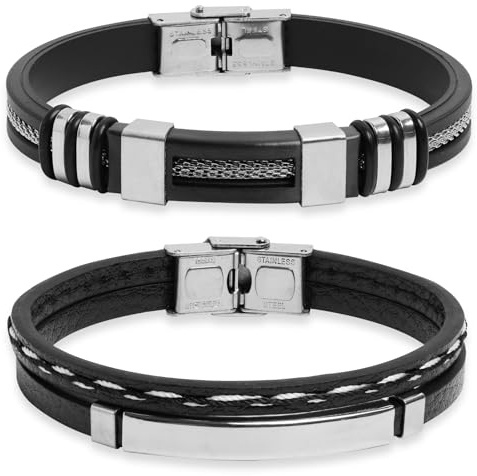 Annlpoy 2Pcs Bracciale Uomo Bracciale Uomo Pelle Regolabile Uomo in Pelle e Silicone con Dettagli in Acciaio Inossidabile, Regolabili, Eleganti, Ideali per Regalo, Gioielleria Maschile di Qualità
