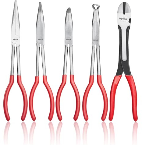 VEVOR 5-Piece Needle Nose Pliers, 11 in Long Needle Nose Pliers Set, Diagonal Cutting Pliers, 45°/ 90° Bent Nose Plier, Round Nose Plier, Long Nose Plier, Professional Pliers Set with Storage Bag