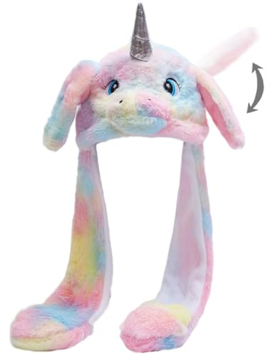Naichuo Plush Animal Hat with Moving Jumping Ears Pop Up Beating Hat Movable Dancing Cap for Kids Adult(Colorful Unicorn)