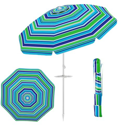 GOPLUS Parasol Plage 2,2M, Parasol Inclinable de Jardin Patio Terrasse avec Porte-gobelet, Protection Solaire et Auvent Démontable, Sac de Transport, H.173CM, Vert