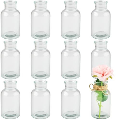Shodiffy Kleine Vasen, 12 Stück 125ML Glasvasen für Tischdeko 10CM Hoch Mini Vasen Glasfläschchen für Zuhause, Hochzeiten, Geburtstage, Feste