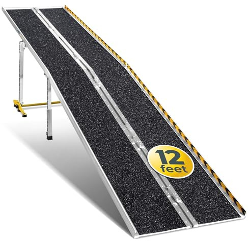MAASTERS Wheelchair Ramp 12 Feet - Aluminum Long Portable Ramp - Loading Capacity 600 lbs - Portable 12 Foot Wheelchair Ramp with 2 Extra Support Leg