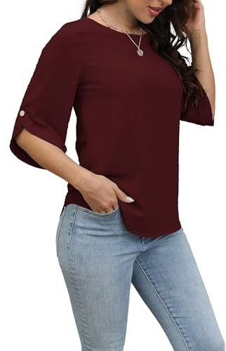 Oneezit Camisetas Mujer Manga Corta,Verano Elegante Camisas Casual Suelta Camisa Cuello Redondo T Shirts Manga 3/4 Tops Blusas Burgundy Large