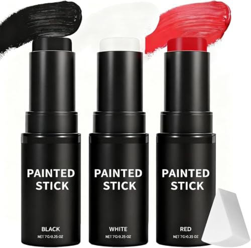 Gesicht Körper Farbe Stick [3er Set] - Halloween Schminke in Schwarz, Weiß, Rot l Hochdeckende Bodypainting Farben, Ölbasierte Theaterschminke für Kinder & Erwachsene, Film, Theater, Unfug