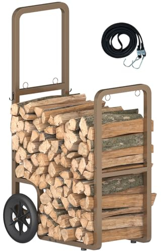Ardier Easy-Assembly Firewood Cart, Rolling Log Carrier for Outdoor & Indoor Use, Wood Rack Storage Mover for Fireplace & Fire Pit, Heavy-Duty Steel Log Dolly Hauler with Rubber Wheels, Brown