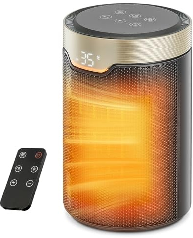 Heizlüfter Energiesparend, 1500W PTC Keramik Elektrischer Heizlüfter mit Thermostat, ECO-Modus, Leiser, Fernbedienung, 24 Std Timer, Überhitzungs- & Kippschutz, Elektroheizung für Räume Schlafzimmer