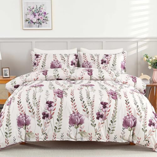 Fondream Purple Floral Duvet Cover Set King Size Bedding Quilt Cover White and Purple Reversible 3Pcs Soft Microfiber Bedding Set with 2 Pillowcases (King, 220x230cm)