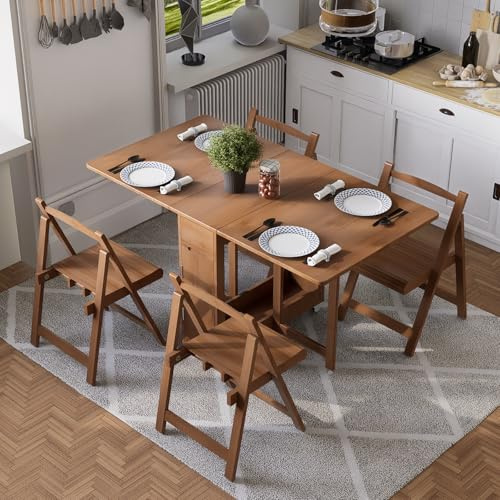 Folding Dining Table and Chairs Set for 4, Drop Leaf Dining Table with 4 Foldable Chairs Bamboo Collapsible Dinette Table with Storage for Dining Room Kitchen Farmhouse,No Assembly Required (Brown)