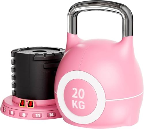 LIFERUN Kettlebell Verstellbare Hanteln Set 7 in 1 Kugelhantel für Home Gym Gewicht Hantel Set mit 6 Stück Gewichtsscheiben Fitnessgeräte für Zuhause (Rosa, 20 KG)