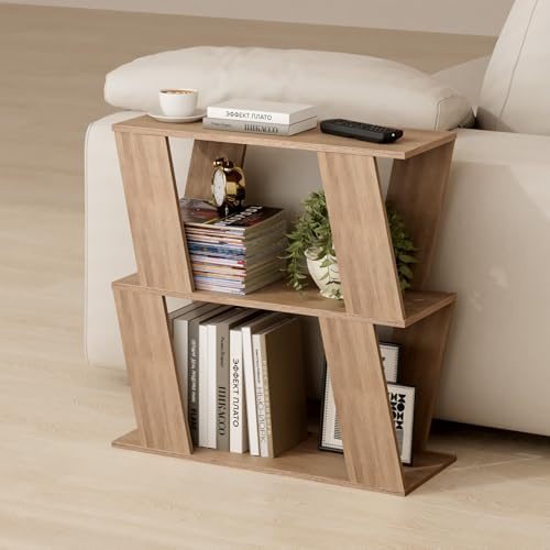 Narrow Side Table with 2 Storage Shelves,Z Shaped End Table,60*60*22CM,Oak | Slim Sofa Side Table w/Magazine Rack,Bedside Table,Coffee Table,Nightstand,for Small Space Living Room,Office,Bedroom,Balcony