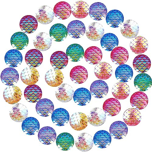 SUNNYCLUE 160pcs 8 Color(20pcs/Color) 12mm Flat Back Mermaid Fish Scale Resin Cabochons Round Iridescent Cameo Sparkly Glitter Cabs for DIY Earring Bracelet Necklace Jewelry Making