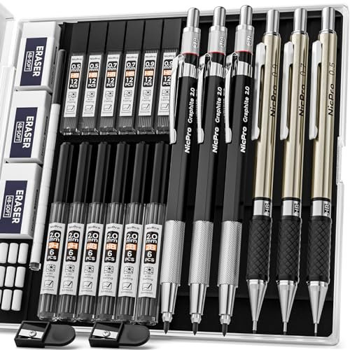 Nicpro 6 Stück Druckbleistifte Set, Metall Mechanische Bleistifte 0,5 mm, 0,7 mm, 0,9 mm, 2mm Fallminenstift (2B HB 2H) mit 12 Dosen HB Bleistiftminen & 3 Radiergummis, Etui für Schreiben, Zeichnen
