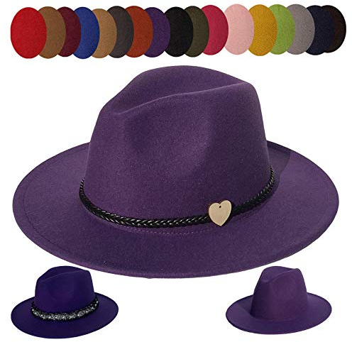 JK Home Wide Brim Fedora Hat - Felt Panama Cap - 2pcs Adjustable Bands - Vintage Style Cosplay Purple