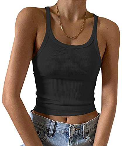 Artfish Women's Sleeveless Tank Top Form Fitting Scoop Neck Ribbed Knit Basic Cami Tight Fitted Black S