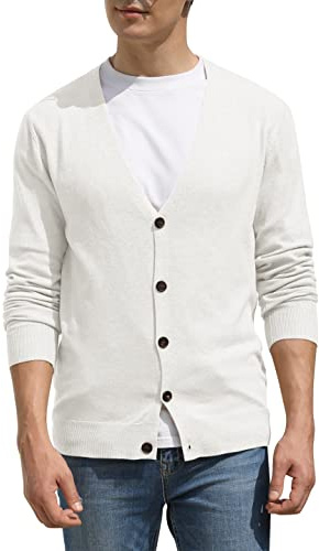 Hisir Men's Knit Cardigans Jumpers Lightweight Classic Soft Wool V Neck Cardigan with Buttons, Long Sleeve Knitwear Pullover Sweaters for Men, Mens Gift (White, S)