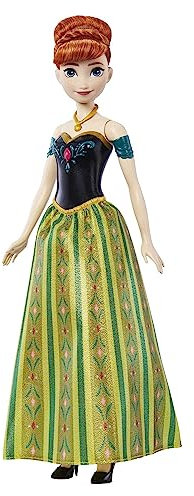 Mattel Disney Die Eiskönigin Singende Anna-Puppe - 30-sekündiger Song-Ausschnitt, klassisches Schlossoutfit, abnehmbarer weicher Rock, kämmbare Haare, für Kinder ab 3 Jahren, Spanisch Version, HMG43