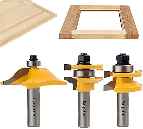 Exqutoo 3PCS 1/2 Shank Router Bit Set, Raised Panel Cabinet Door Making Router Bits, Cemented Carbide Router Bits, Woodworking Tools Router Door & Window Bits (Tenon Joint Cutter Diameter: 1-5/8)
