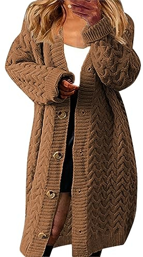L9WEI Cardigan chaud pour femme - Automne et hiver - Grosse maille - Avec boutons - Élégant - Longueur moyenne - Manteau confortable, café, M