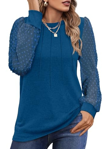 Aokosor Women Long Sleeve Tops Ladies Top Women Shirts Long Sleeve Pleated Top Lace Blue Tops Size 14-16