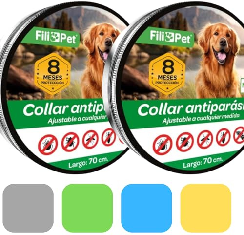Collare Antiparassitario per Cani | Efficace contro Pulci, Zecche, Zanzare e Pidocchi | Resistente all'Acqua | Regolabile 70 cm | 8 Mesi di Protezione | Confezione da 2 Collari (Blu, 70cm)