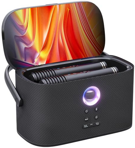 Ikarao Máquina de karaoke portátil para adultos, pantalla y pantalla de letras integradas, 2 micrófonos inalámbricos de carga automática, aplicación de karaoke, altavoz de 140 W, se conecta a la
