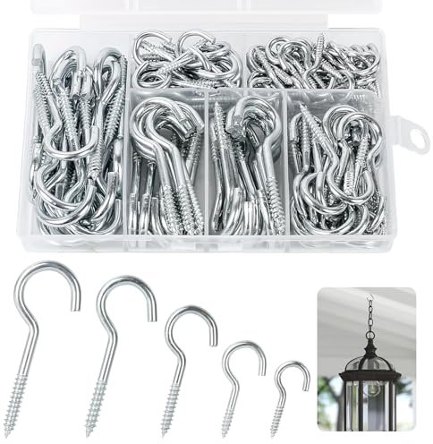 Nadinsta 135pcs Screw in Hooks, 5 Sizes Cup Hooks Screw in, 1/1.2/1.57/1.9/2.28 Inch Metal Ceiling Hooks, Silver Mug Hook for Wood, Hanging Plants, Cups, Lights, Kitchen Utensils