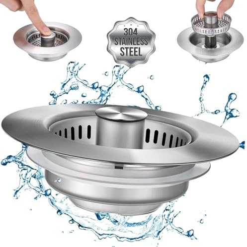 3 in 1 Kitchen Sink Drain Strainer, Upgraded 304 Stainless Steel Sink Stopper, Kitchen Sink Stopper, Anti-Clogging Sink Food Catcher Basket, Fast Drainage Odor Filter Sink Plug (Silver)