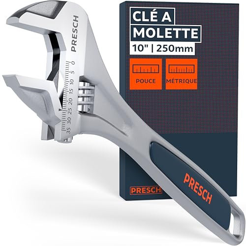 PRESCH Adjustable Wrench 10inch - Laser-Engraved Scale 35mm (Metric & inch) - Precision-Milled for Optimal Grip - Sturdy, Adjustable Spanner