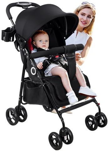 Vinteky Klappbar Buggy Kinderwagen Sportwagen Kindersportwagen Kombi-Funktion Reisebuggy, 360° 4-Zoll-Räder, mit Liegefunktion 5-Punkt-Sicherheitsgurt, ab 6 Monate 25kg Großer Korb Schwarz