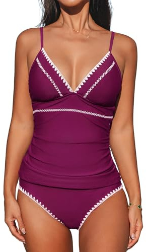 CUPSHE Women's Tankini Sets Two Piece Swimsuit V Neck Ruched Shell Stitched Bathing Suit Spaghetti Adjustable Straps, L Fuchsia