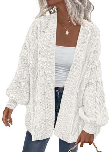 PRETTYGARDEN Women's Cable Knit Open Front Spring Sweater Lantern Long Sleeve Chunky Cardigan Sweaters Trendy Outerwear Coats (White, Small)