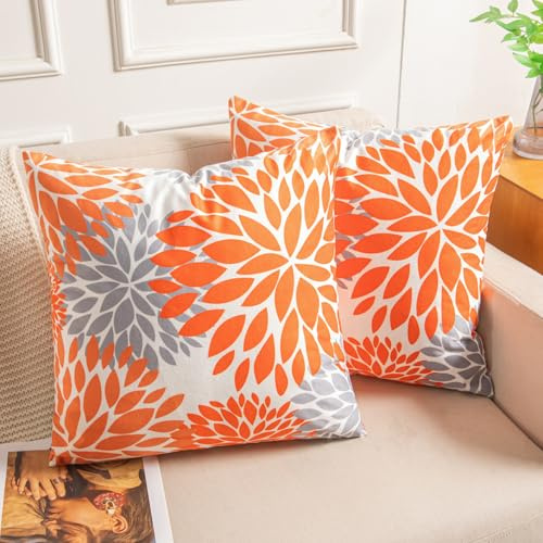 Miuyunya Juego de 2 Funda Cojines de Terciopelo para Sofa Suave 45x45 Gris Naranja Fundas de Almohada Decorativas Modernas Flores de Dalia Funda Cojin para Sala de Estar Dormitorio Habitacion