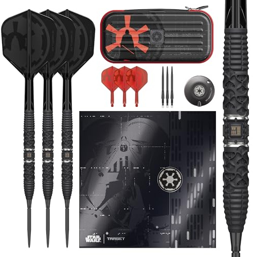 Target Darts Star Wars Darth Vader 95 % volframstålspetspilar, 26 g | svarta schweiziska stormpunkter, röd och svart K-Flex No.2/nr.6 axlar och flygningar, premium schweizisk nyckelring verktyg