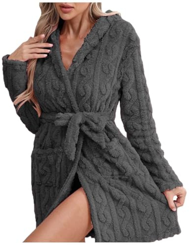 WAZHAKU Bata de mujer mullida para otoño, sexy, Navidad, forro polar, ropa de casa, camisón para sauna, batas de franela para sauna, invierno, sin capucha, elegante bata de baño, R Gris, S