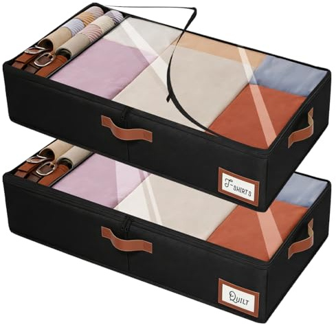 DGN 2 Pezzi Scatole per Letto Contenitore, 85 × 45 × 15 cm Contenitori Sottoletto con Finestra Trasparente, Contenitori per Letto Contenitore per Asciugamani, Vestiti, Coperte, Grigio, 57 L, Nero