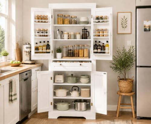 Xinyvee Alacena de Cocina Alta y Despensa, con un Cajón, Estantes Ajustables, 6 Estantes en la Puerta, Mueble Auxiliar de Baño Estrecho y Moderno, 76x40x182cm
